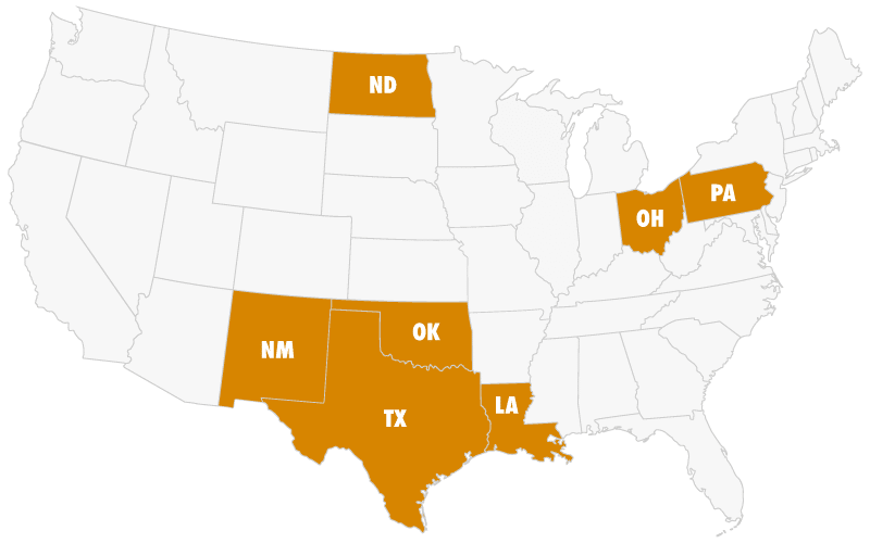 Map of the United States with 7 states in orange